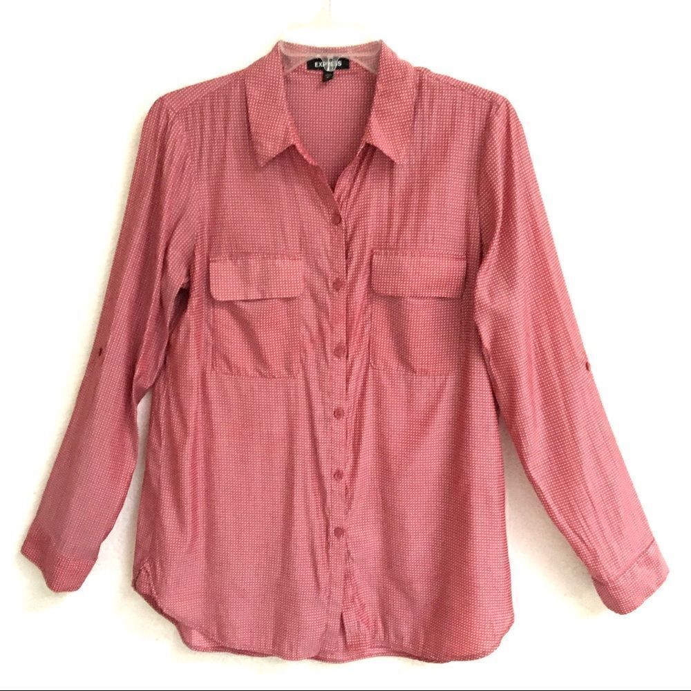 Express micro polka dot roll tab blouse M